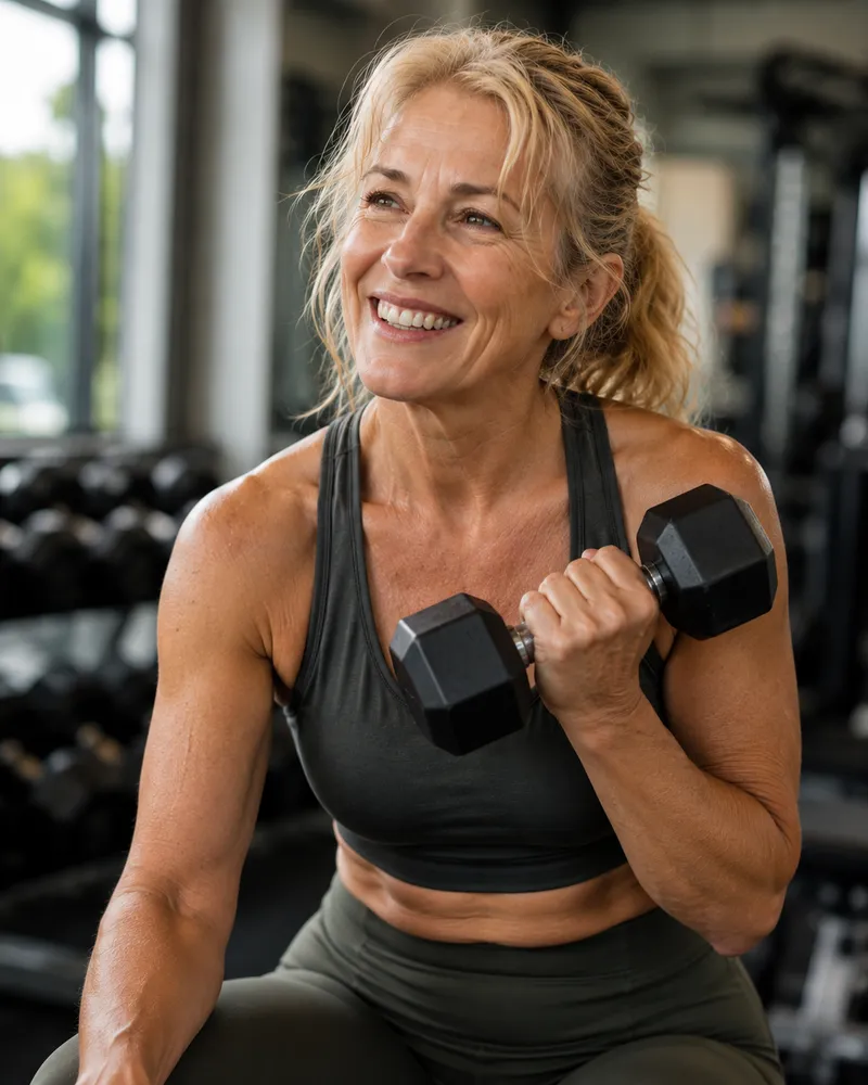 Beta user training with dumbbells, energised and strong